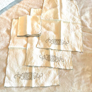 Vintage LOT Estate Embroidered Linen placemats & napkins cream & sage green